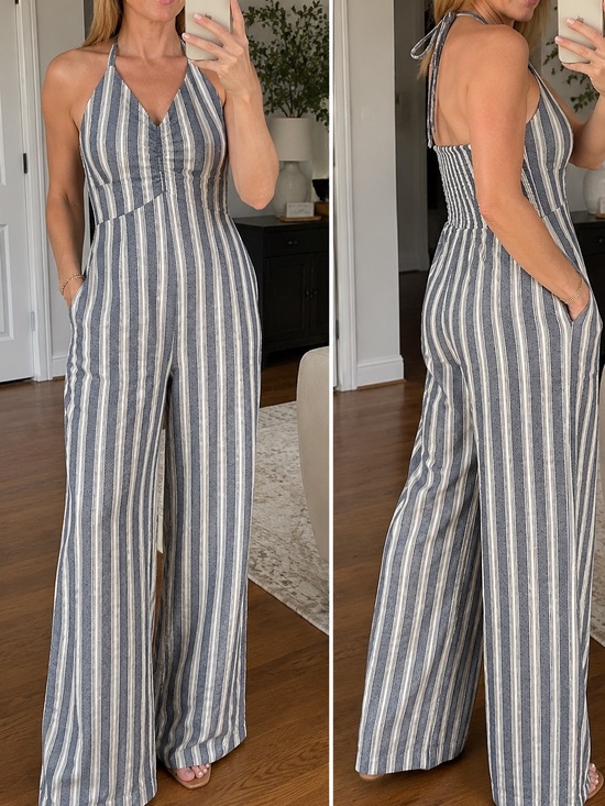 Cupshe Pants - Cupshe Striped Halter Wide-Leg Jumpsuit in Navy & White